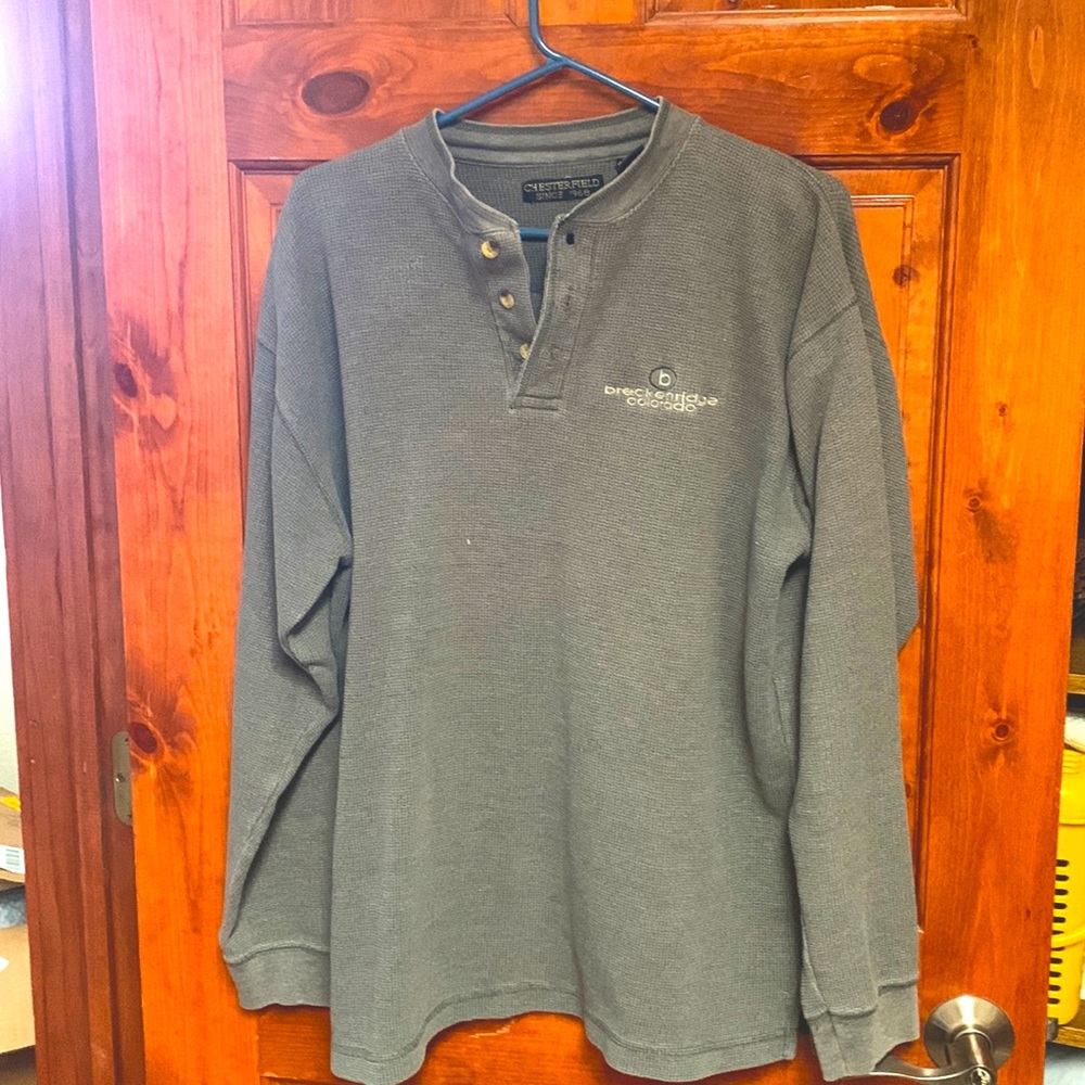 Mens Chesterfield dark green sweater with Breckinridge Colorado wording.